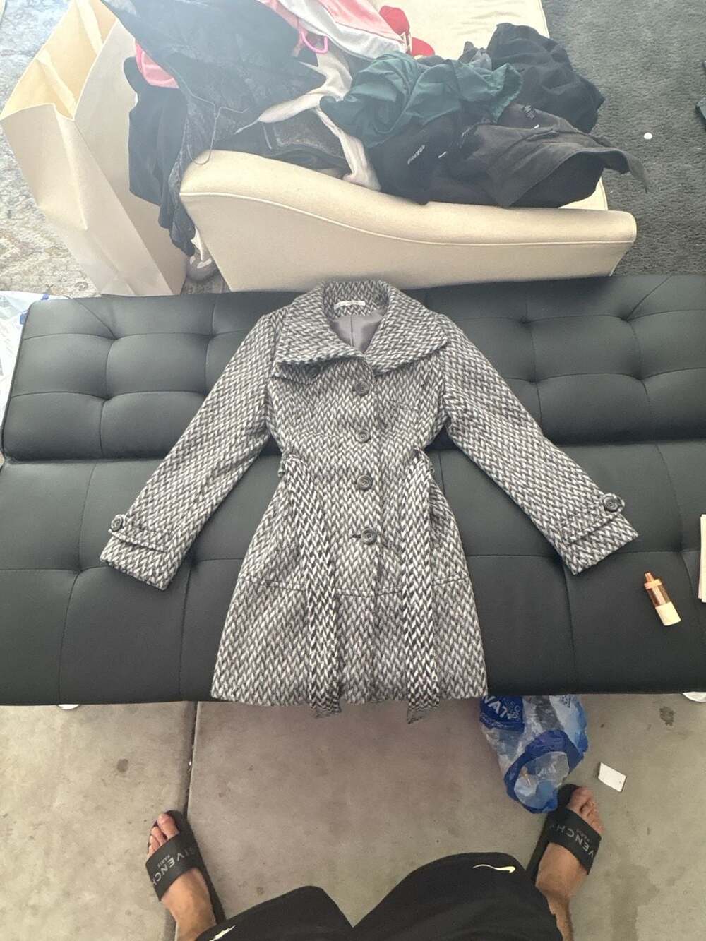 Kenneth Cole New York Grey and Black Herringbone Wool Blend Belted Trench Coat